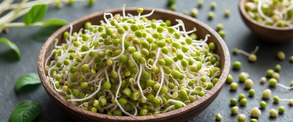 Poster - Fresh Green Mung Bean Sprouts in a Wooden Bowl Surrounded by Raw Mung Beans with Space for Text or Labels
