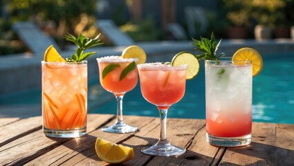 Poster - Summer Cocktails Served on Wooden Table by Poolside with Fresh Ingredients and Vibrant Colors