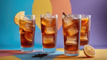 Poster - Refreshing Iced Tea Glasses with Citrus Garnish on Vibrant Background Perfect for Summer Beverages Promotion