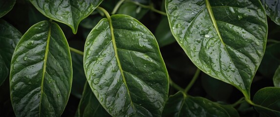 Poster - Lush Green Leaves with Water Drops Showcasing Rich Texture and Vibrant Color for Nature and Botanical Themes
