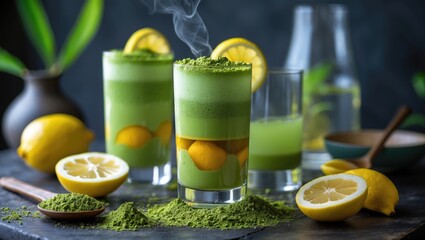 Aufkleber - Refreshing Matcha Lemonade with Yuzu and Fresh Lemons in Stylish Glasses on a Dark Table Background