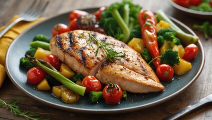 Poster - Delicious grilled chicken fillet served with a vibrant medley of fresh vegetables on a rustic wooden table healthy eating concept