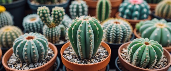 Sticker - Vibrant Collection of Miniature Cacti in Pots on Display Perfect for Home Decor with Blank Space for Custom Text or Marketing Needs