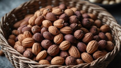 Poster - Assorted Greek Nuts in a Woven Basket with Natural Textures and Warm Tones Ideal for Culinary and Healthy Snack Themes