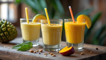 Wall Mural - Tropical Smoothies and Juices in Glasses with Straws on a Wooden Table Surrounded by Fresh Fruits and Greenery