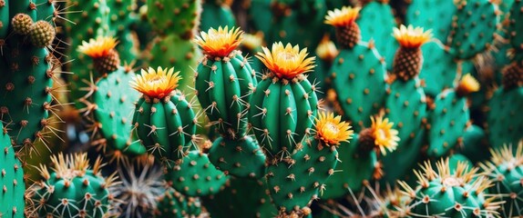 Leinwandbilder - Vibrant Green Cactus with Spines and Yellow Flowers Against a Natural Background Ideal for Botanical Text and Nature-themed Projects