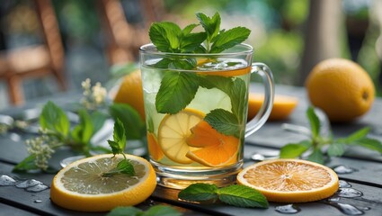 Aufkleber - Refreshing Cold Tea Infused with Mint and Citrus Fruits on an Outdoor Table with Natural Greenery Background