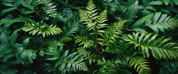 Poster - Lush Green Leaves of Various Ferns and Tropical Plants Creating a Rich Botanical Background