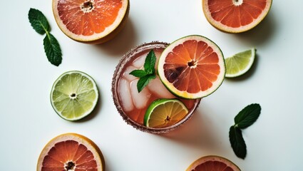 Aufkleber - Refreshing Mint Iced Tea with Grapefruit and Lime Slices on White Background Perfect for Summer Beverages and Seasonal Promotions.