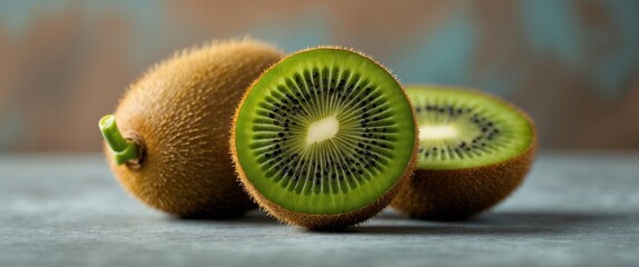 Aufkleber - Fresh Kiwi Fruit Halved on Surface with Text Space for Healthy Food Marketing or Recipe Promotion