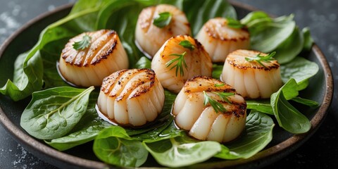 Poster - Grilled scallops served on fresh salad leaves with vibrant colors creating an elegant dining presentation and space for text overlay.
