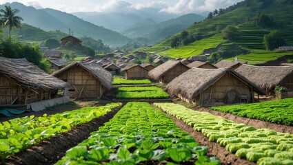Poster - Lush Green Village Landscape with Vibrant Vegetable Fields and Traditional Houses in Scenic Mountain Setting