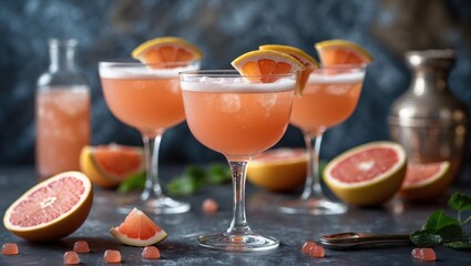 Poster - Refreshing Grapefruit Cocktail Glasses Garnished with Citrus Slices on Textured Background Perfect for Summer Parties and Celebrations