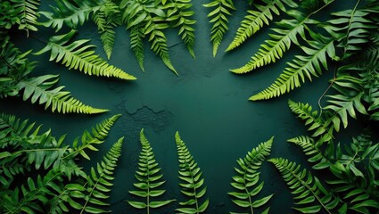 Leinwandbilder - Lush Green Fern Leaves Framing Dark Background Nature Texture with Space for Text Overlay