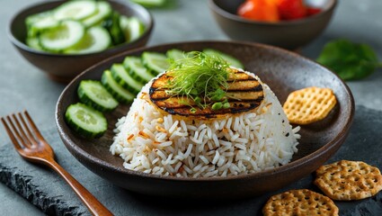 Aufkleber - Grilled Rice Dish Garnished with Cucumbers and Crackers on Rustic Table Setting