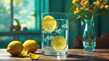 Aufkleber - Refreshing Lemon Water in a Glass with Fresh Lemons on a Wooden Table Ideal for Healthy Lifestyle and Morning Hydration with Copy Space
