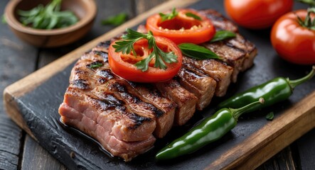 Poster - Grilled Pork Shaslik Served with Fresh Vegetables on Slate Board Ideal for Culinary Promotions and Recipe Presentations