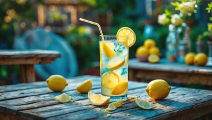 Poster - Refreshing Homemade Lemonade Served in a Tall Glass Surrounded by Fresh Lemons on a Rustic Wooden Table in a Lush Garden Setting