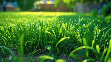 Aufkleber - Lush green grass in a vibrant yard capturing the freshness of nature during sunlight showcasing healthy lawn growth.