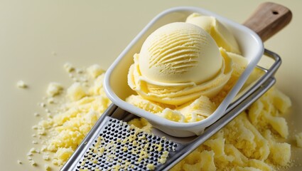Poster - Grated Yellow Ice Cream Served on a Kitchen Grater with Pastel Background and Empty Space for Summer Recipe Text and Marketing Use
