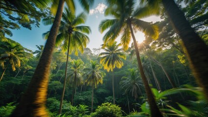Poster - lush tropical forest with sunlight filtering through tall trees in daytime captured from low angle p