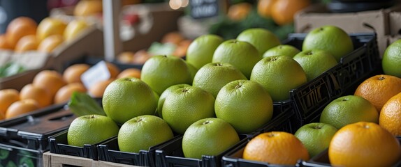 Aufkleber - Fresh Green Mandarins and Oranges Displayed in Market Baskets with Inviting Space for Promotional Text or Advertising Messages