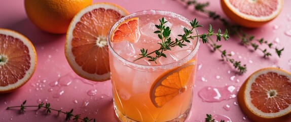 Aufkleber - Refreshing Orange Cocktail Garnished with Thyme on Pink Background Surrounded by Citrus Slices Ideal for Summer Beverage Promotions