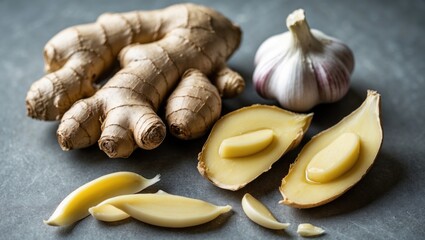 Poster - Ginger and Peeled Garlic on a Kitchen Counter Top with Natural Lighting Showcasing Freshness and Culinary Ingredients for Healthy Cooking