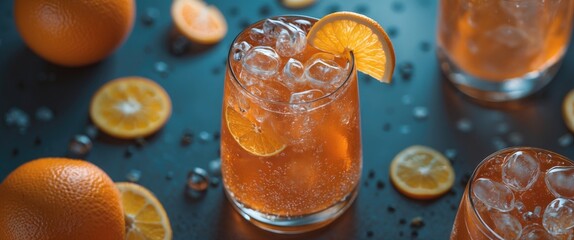Aufkleber - Refreshing Orange Soda Drink with Ice Garnished with Citrus on Dark Background