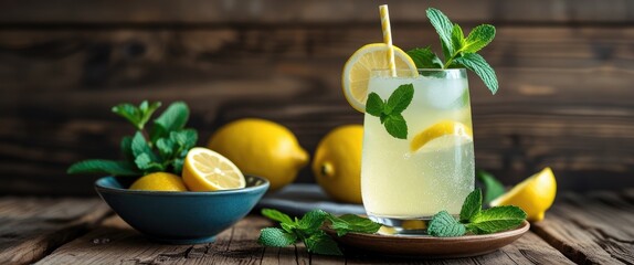 Aufkleber - Refreshing lemonade with mint and lemon on a rustic wooden background garnished with fresh mint leaves and yellow lemons.