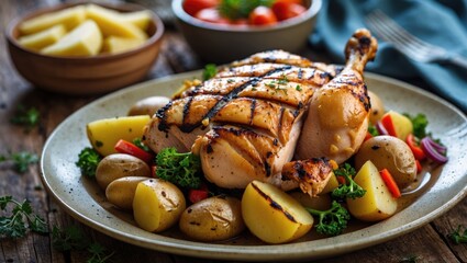 Poster - Grilled chicken served with potatoes and colorful vegetables on a plate with empty space for text, ideal for culinary presentations.