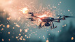 © Art_spiral - Futuristic drone exploding in midair with sparks and digital connections representing cybersecurity attack autonomous aerial technology military surveillance and electronic warfare