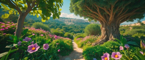 Poster - Vibrant pathway surrounded by flowers and majestic trees in lush Northern Israel landscape under a clear blue sky.