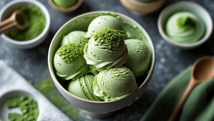 Poster - Delicious Matcha Soft Serve Ice Cream in a Bowl Garnished with Green Tea Powder on a Rustic Background