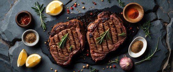 Aufkleber - Grilled Beef Steak with Aromatic Spices on Slate Serving Board Perfect for Culinary Presentations and Recipe Highlights