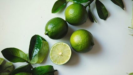 Wall Mural - Fresh green limes with leaves on white background showcasing cut lime and empty space for creative text or advertisement use.