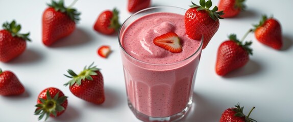 Poster - Strawberry Smoothie Garnished with Fresh Strawberries on White Background for Healthy Beverage and Summer Refreshment Concept