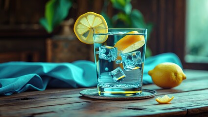 Aufkleber - Refreshing Lemon Water in Glass with Ice on Rustic Wooden Table, Promoting Healthy Morning Habits, Copy Space for Text.