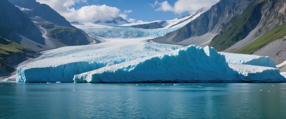 Poster - Glacier Melt Reflections In Calm Lake Waters Surrounded By Majestic Mountain Landscape Under Brilliant Summer Sky
