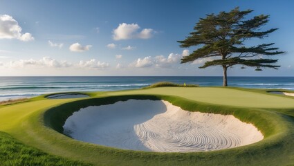 Poster - Golf Course Bunker by Ocean Under Clear Sky with Majestic Tree and Expansive Greenery Ideal for Text Placement and Scenic Views