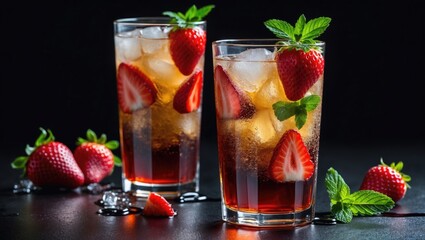 Aufkleber - Refreshing iced tea with strawberries and mint served in two glasses on a dark background, perfect for summer beverage marketing.