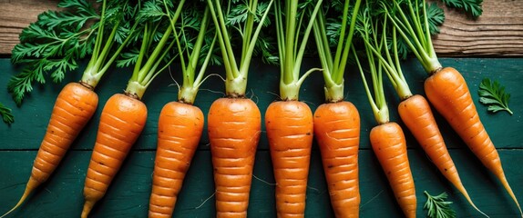 Wall Mural - Fresh Organic Carrots with Green Tops on Wooden Background and Space for Text or Branding