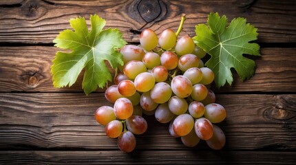 Leinwandbilder - Juicy green grapes with leaves displayed on a rustic wooden background highlighting fresh produce and natural textures.
