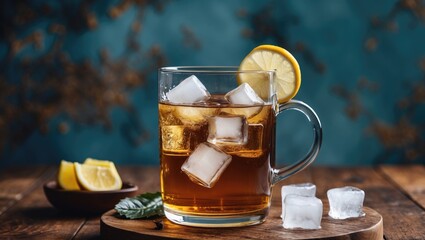 Aufkleber - Refreshing iced tea with lemon and ice cubes on a rustic wooden table against a colorful background. Perfect for summer beverages.