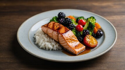 Aufkleber - Grilled Salmon Fillet With Rice And Fresh Vegetables Healthy Gourmet Meal Presentation