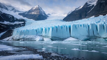 Aufkleber - Majestic glacier landscape reflecting winter's beauty with icy formations and serene water under dramatic mountain backdrop