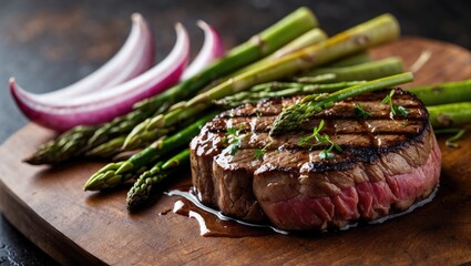 Aufkleber - Grilled Filet Mignon Served with Fresh Asparagus and Red Onion on a Wooden Cutting Board in a Rustic Kitchen Setting