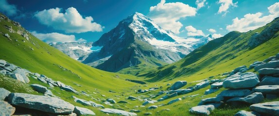 Poster - Scenic Summer Landscape of Green Hills and Snowy Mountain Peak Beneath a Blue Sky with Beautiful Cloud Formation and Space for Text