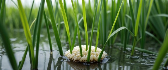 Poster - Rice Seedlings Emerging from Grain in Lush Green Paddy Field during Watering Season with Reflections in Shallow Water