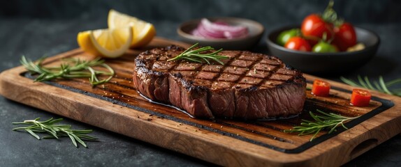 Poster - Grilled Beef Steak on a Wooden Cutting Board with Fresh Herbs and Accompaniments for Gourmet Culinary Presentation and Text Space